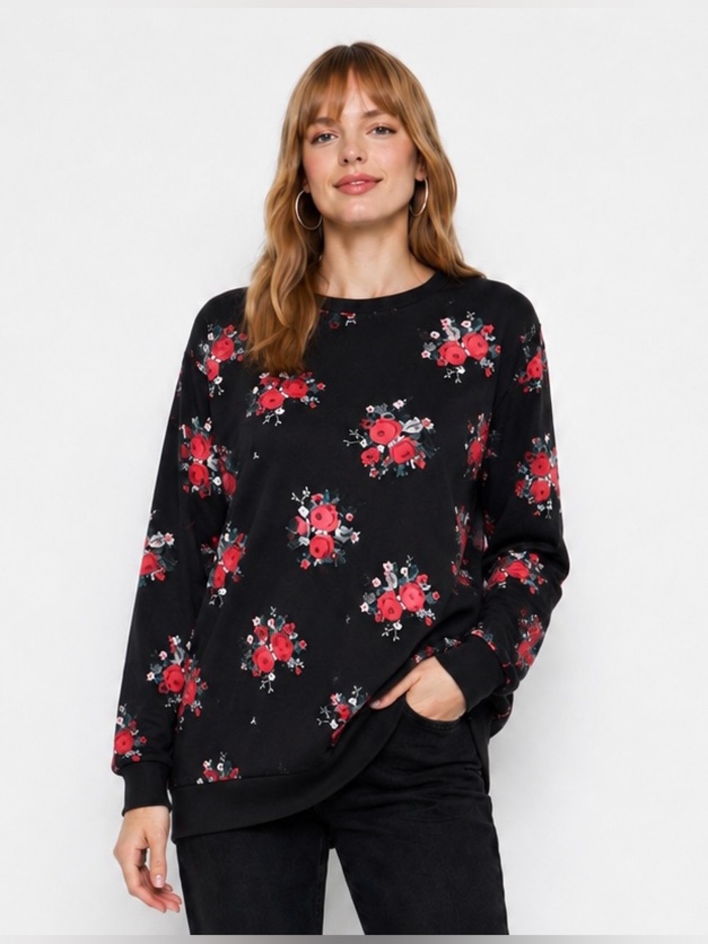H&M Women’s Black Floral Print Crewneck Sweatshirt Long Sleeve Cotton Size S